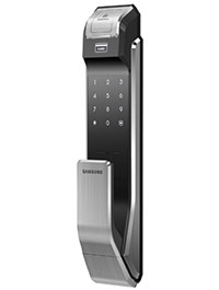 Bena Co. Samsung Door Lock SHS-718 front side image with numbers lit and fingerprint reader closed