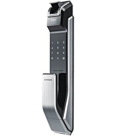 Bena Co. Samsung Door Lock SHS-718 front side image with numbers lit and fingerprint reader open